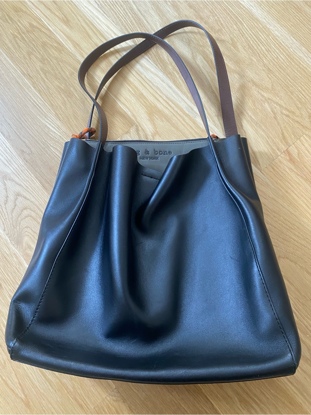 rag & bone Black Leather Tote with Brown Straps and multiple sections. With TAG